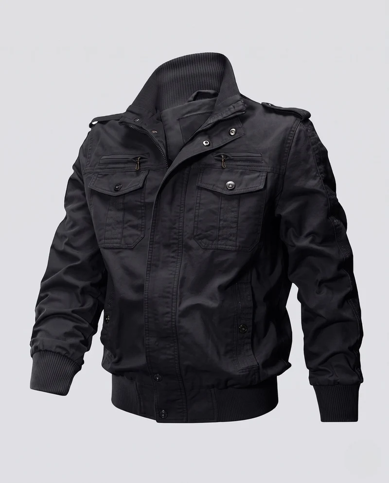 Herren Kurzschnitt Canvas Blouson mit Stehkragen und Multifunktionstaschen Drune