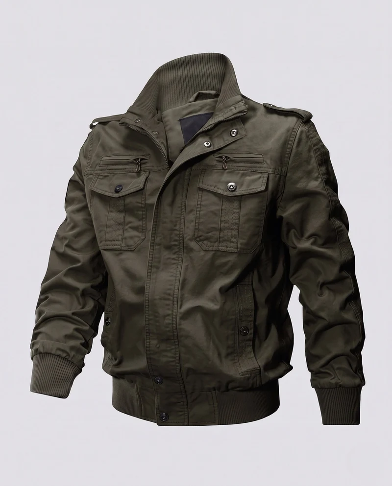 Herren Kurzschnitt Canvas Blouson mit Stehkragen und Multifunktionstaschen Drune