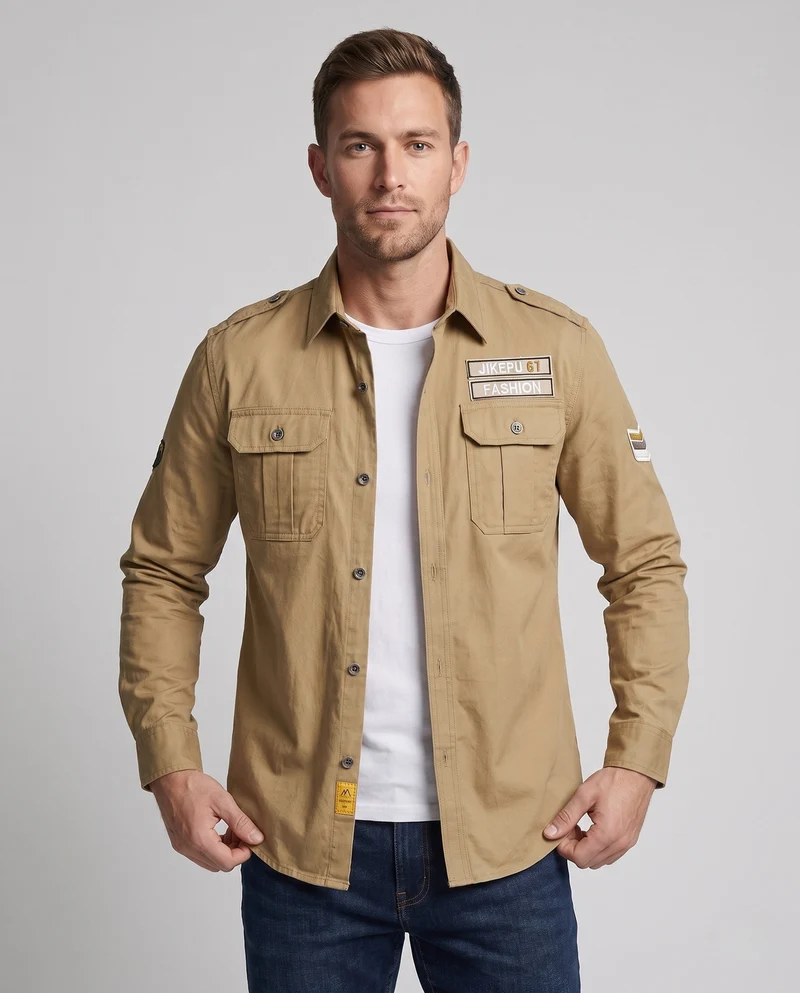 Herren Langarm Utility-Shirt mit Schulterklappen und Brusttaschen Drune