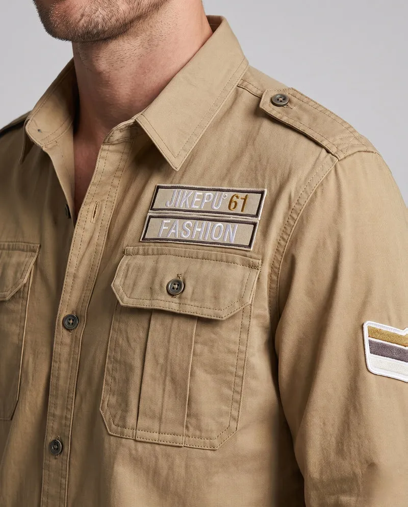 Herren Langarm Utility-Shirt mit Schulterklappen und Brusttaschen Drune