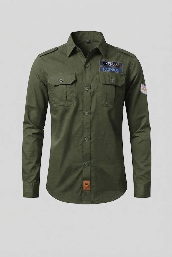 Herren Langarm Utility-Shirt mit Schulterklappen und Brusttaschen Drune