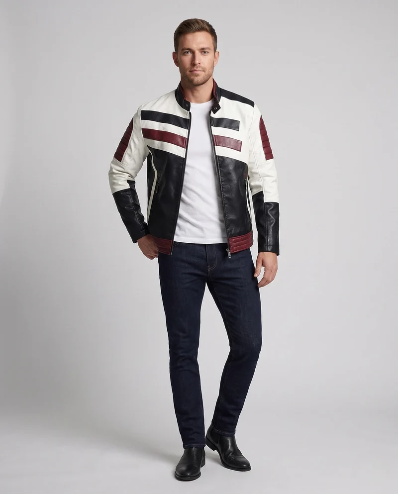 Herren Lederlook Bikerjacke mit Farbblockdesign, gesteppte Ärmel und Saumfinish Drune