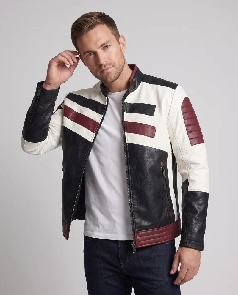Herren Lederlook Bikerjacke mit Farbblockdesign, gesteppte Ärmel und Saumfinish Drune