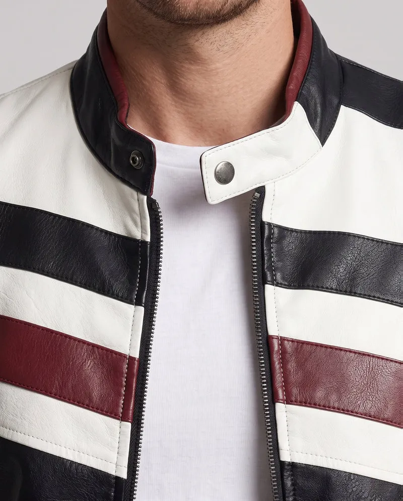Herren Lederlook Bikerjacke mit Farbblockdesign, gesteppte Ärmel und Saumfinish Drune