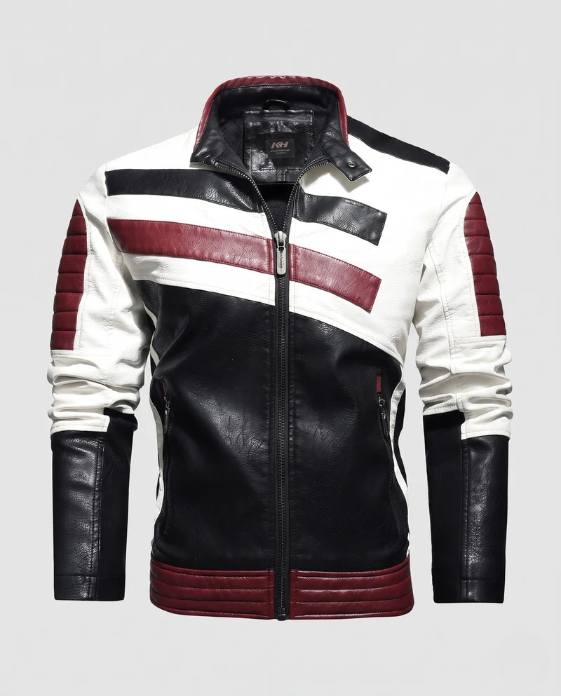 Herren Lederlook Bikerjacke mit Farbblockdesign, gesteppte Ärmel und Saumfinish Drune