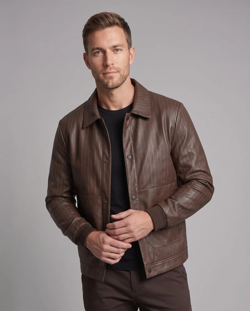 Herren-Faux-Leder-Blouson mit Nadelstreifen, Druckknopf-Front und gerippten Bündchen Drune