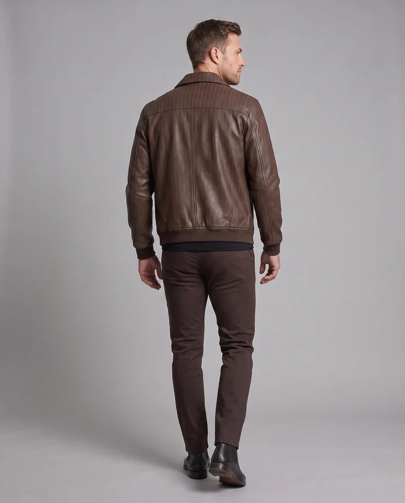 Herren-Faux-Leder-Blouson mit Nadelstreifen, Druckknopf-Front und gerippten Bündchen Drune