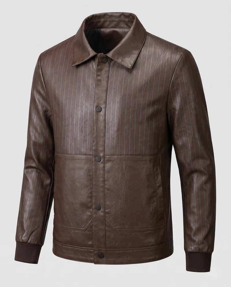 Herren-Faux-Leder-Blouson mit Nadelstreifen, Druckknopf-Front und gerippten Bündchen Drune