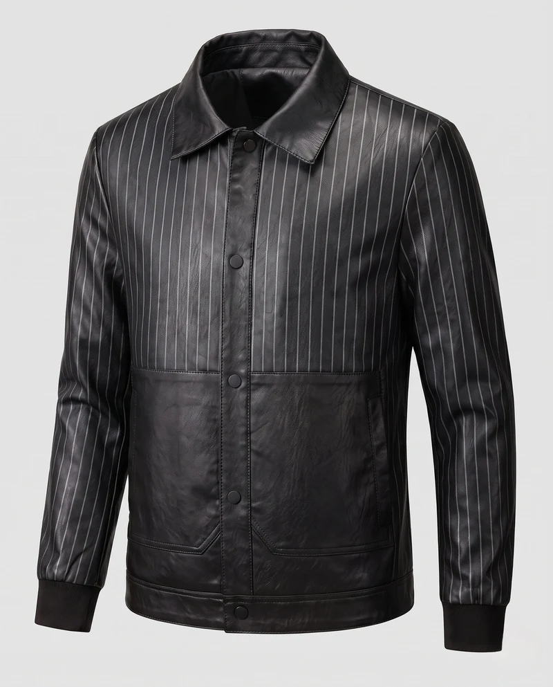 Herren-Faux-Leder-Blouson mit Nadelstreifen, Druckknopf-Front und gerippten Bündchen Drune