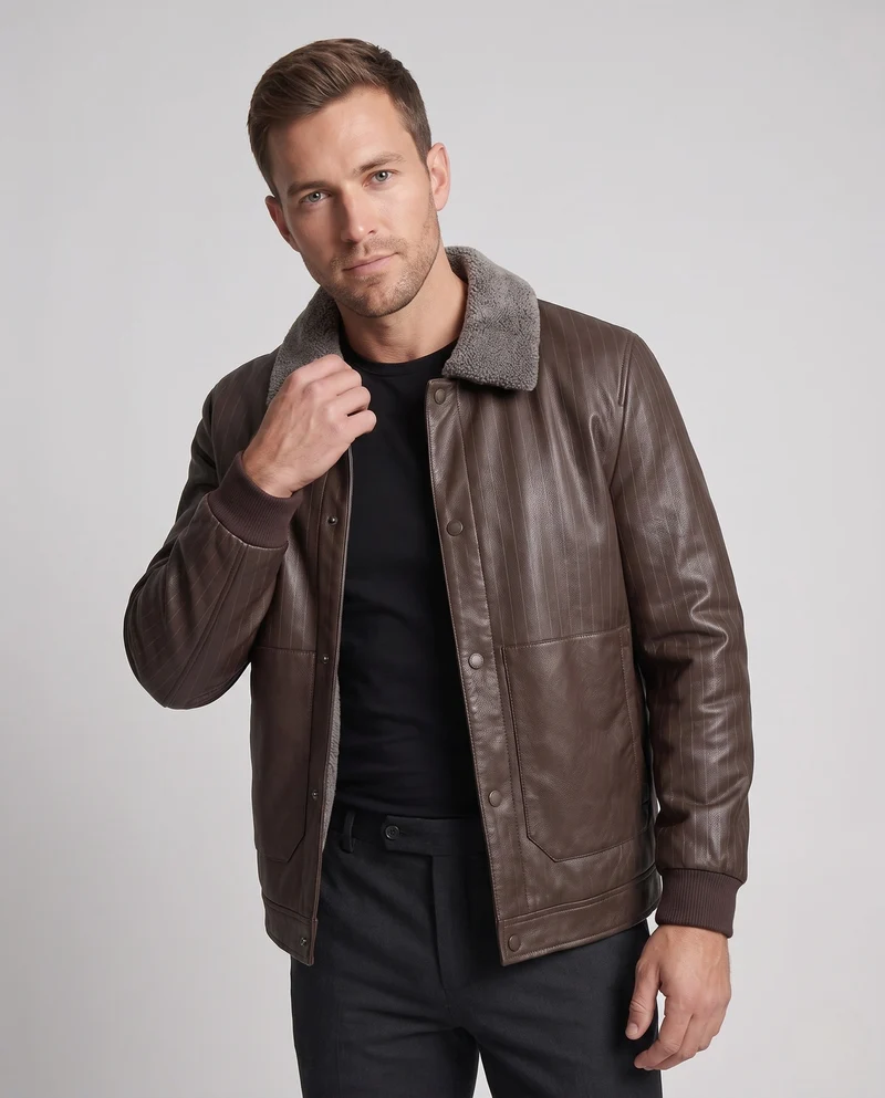 Herren Faux-Leder Blouson mit Nadelstreifen-Look und Teddy-Futter Drune