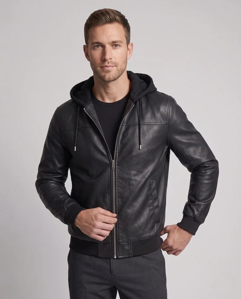 Herren Sweatshirt aus Kunstleder mit Kapuze im urbanen Bomber-Stil mit Reißverschluss und gerippten Bündchen Drune