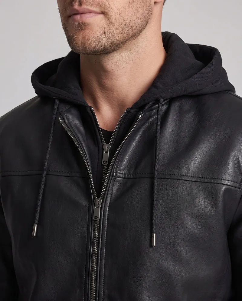 Herren Sweatshirt aus Kunstleder mit Kapuze im urbanen Bomber-Stil mit Reißverschluss und gerippten Bündchen Drune