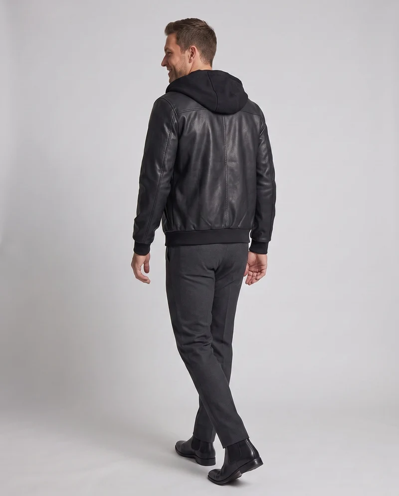 Herren Sweatshirt aus Kunstleder mit Kapuze im urbanen Bomber-Stil mit Reißverschluss und gerippten Bündchen Drune