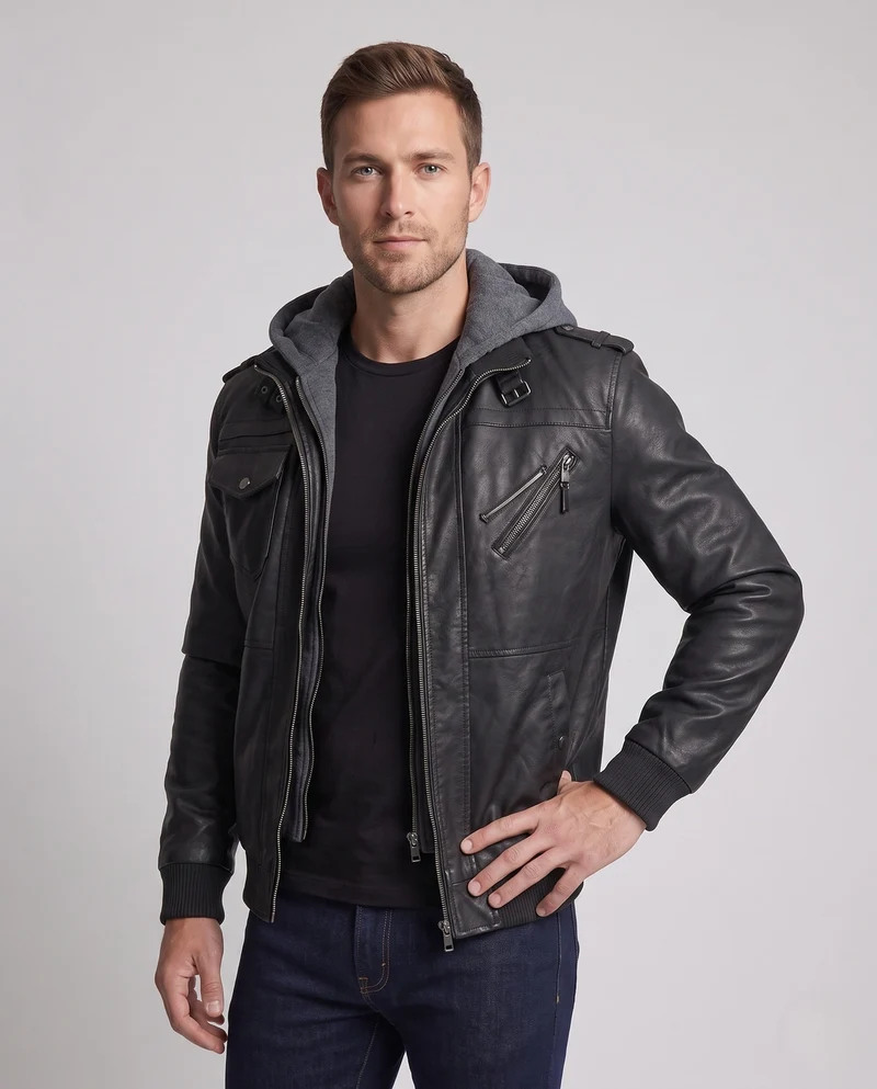 Herren Bomberjacke aus Kunstleder mit integriertem Kapuzenpullover und mehreren Taschen Drune