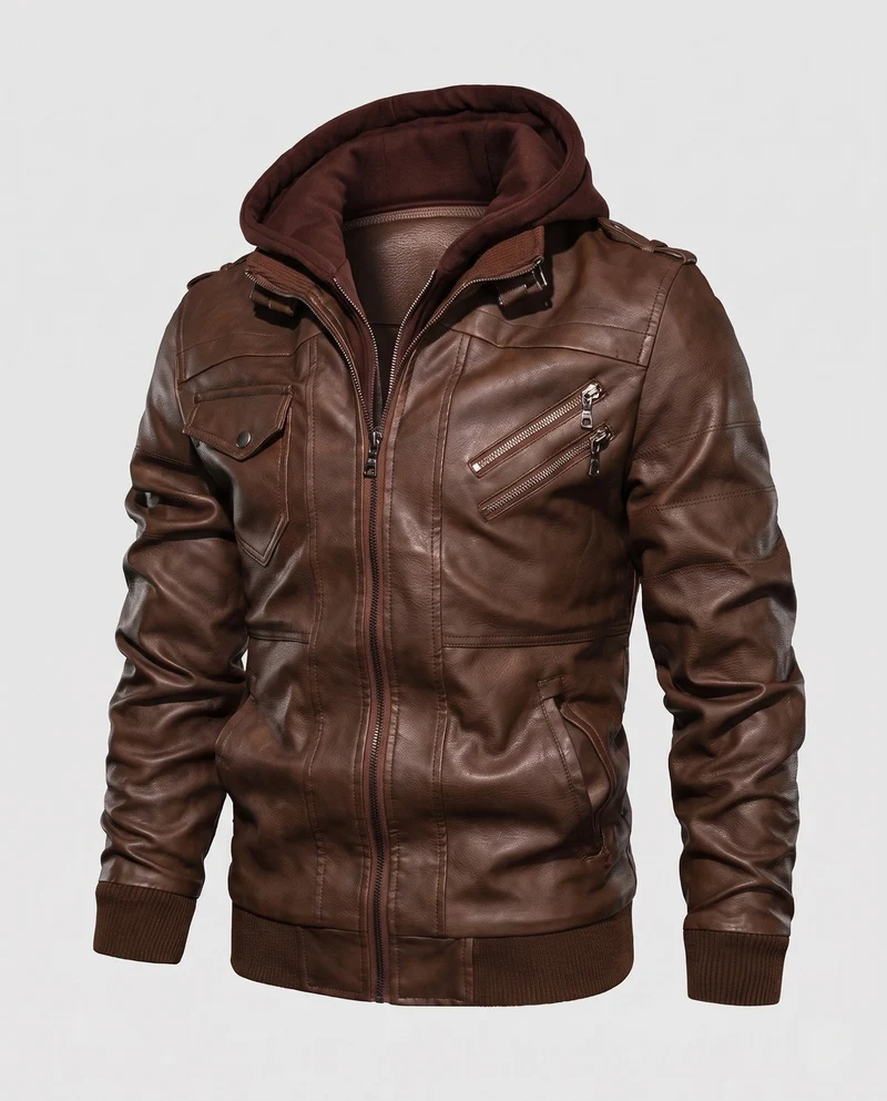 Herren Bomberjacke aus Kunstleder mit integriertem Kapuzenpullover und mehreren Taschen Drune