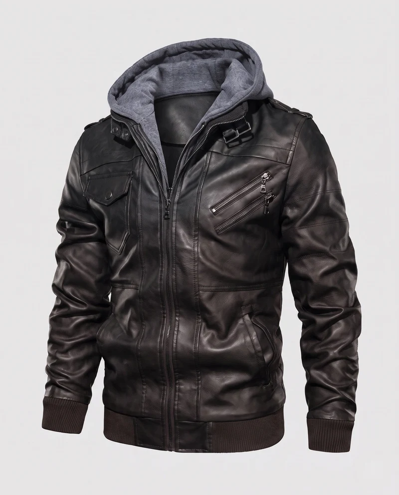 Herren Bomberjacke aus Kunstleder mit integriertem Kapuzenpullover und mehreren Taschen Drune