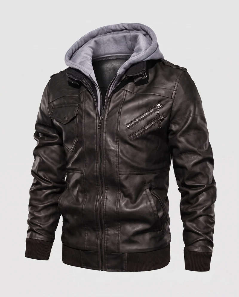 Herren Bomberjacke aus Kunstleder mit integriertem Kapuzenpullover und mehreren Taschen Drune
