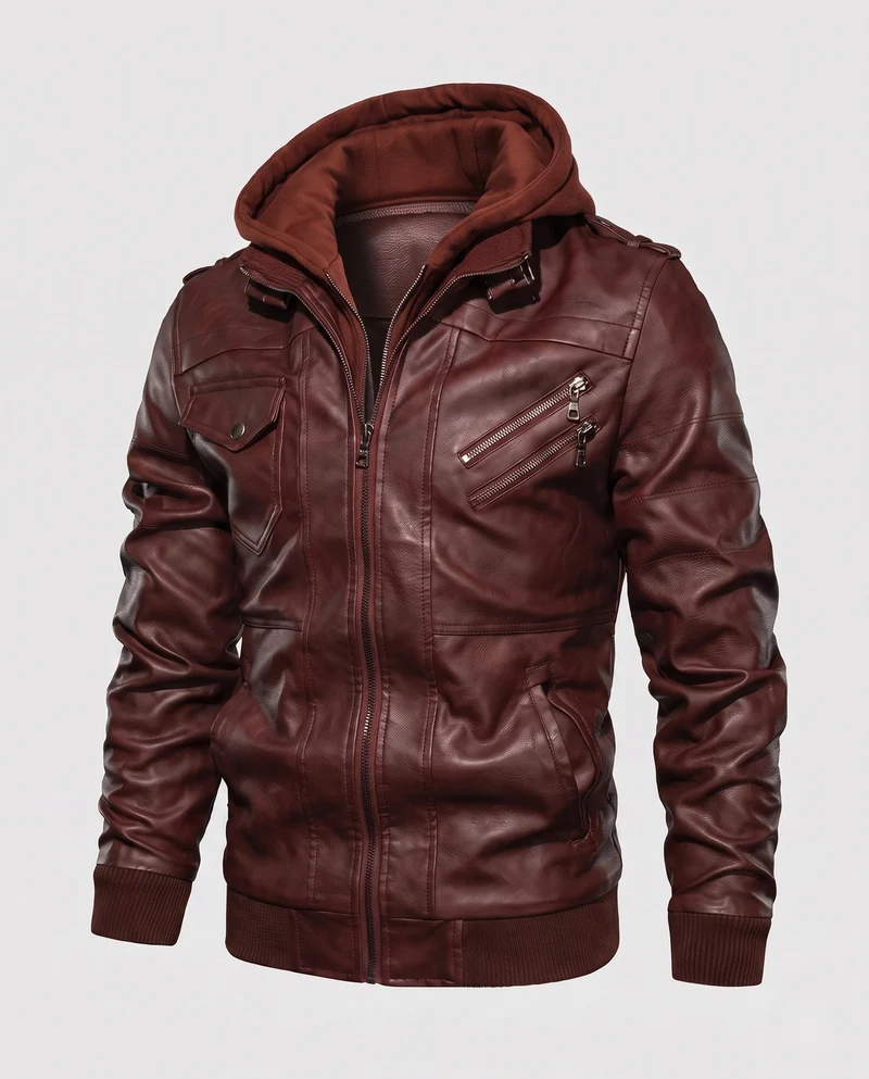 Herren Bomberjacke aus Kunstleder mit integriertem Kapuzenpullover und mehreren Taschen Drune