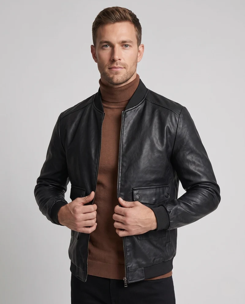 Herren Lederlook Bomberjacke mit Klappentaschen und gerippten Bündchen Drune
