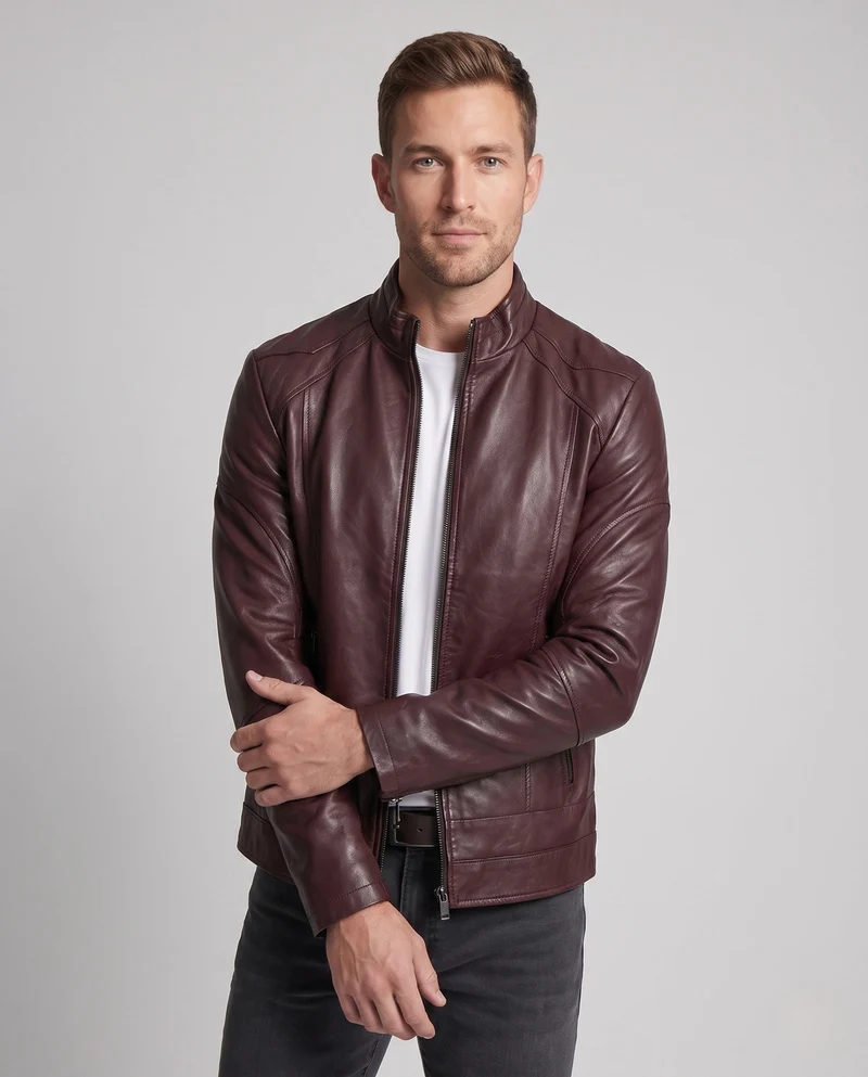 Herren Lederoptik Pilotjacke mit Stehkragen und Reißverschlusstaschen Drune