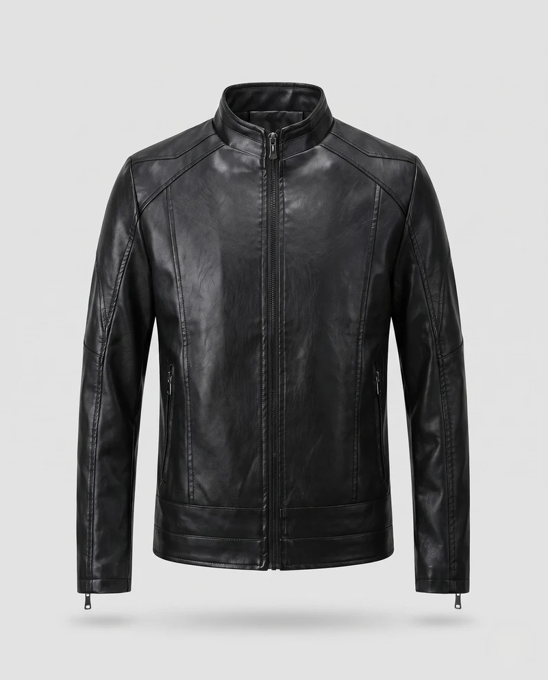 Herren Lederoptik Pilotjacke mit Stehkragen und Reißverschlusstaschen Drune