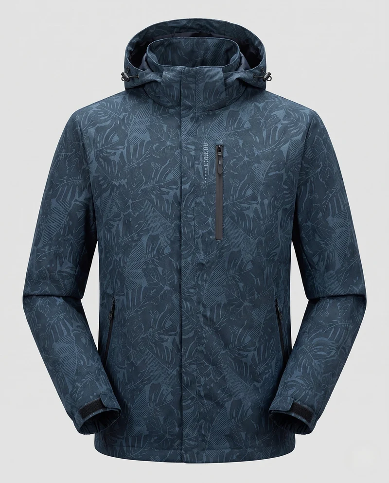 Herren Leichte Hoodie-Jacke mit subtilem Blattdruck und winddichter Softshell-Außenschicht Drune