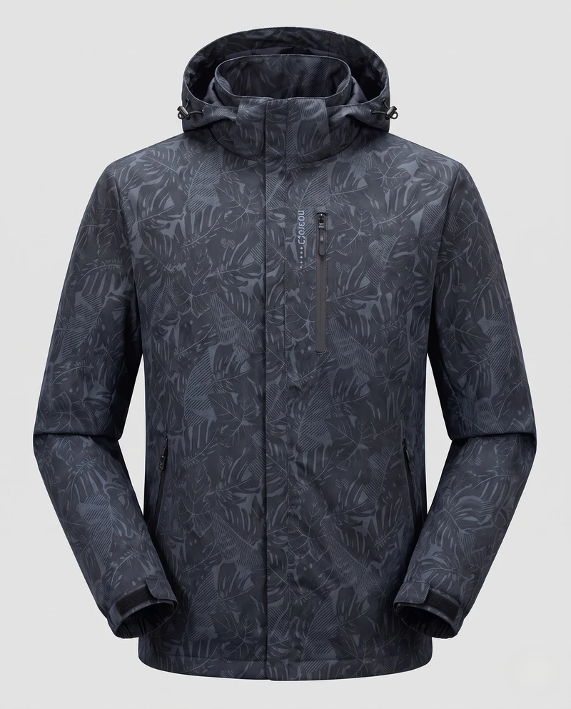 Herren Leichte Hoodie-Jacke mit subtilem Blattdruck und winddichter Softshell-Außenschicht Drune
