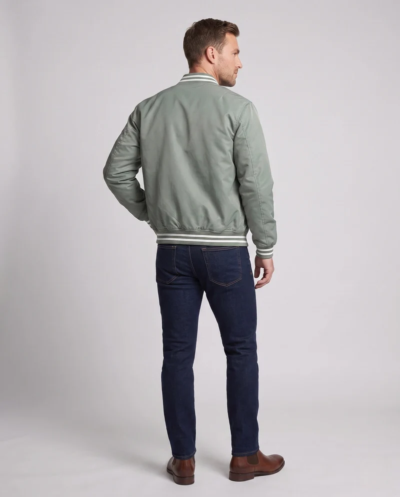 Leichte Satin-Bomberjacke für Herren mit gestreiftem Rippkragen und Druckknopfverschluss Drune