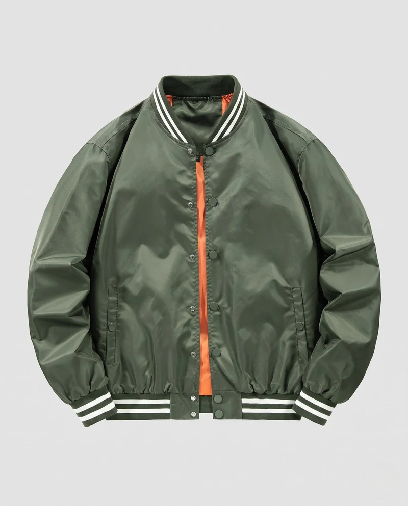 Leichte Satin-Bomberjacke für Herren mit gestreiftem Rippkragen und Druckknopfverschluss Drune