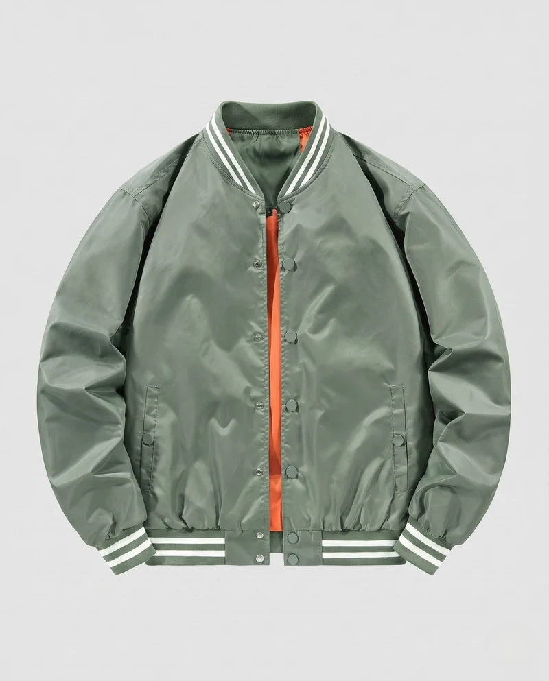 Leichte Satin-Bomberjacke für Herren mit gestreiftem Rippkragen und Druckknopfverschluss Drune