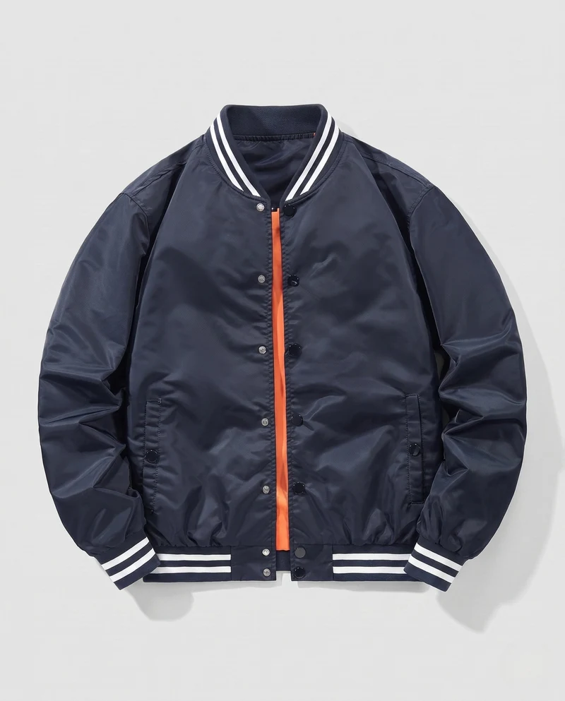 Leichte Satin-Bomberjacke für Herren mit gestreiftem Rippkragen und Druckknopfverschluss Drune