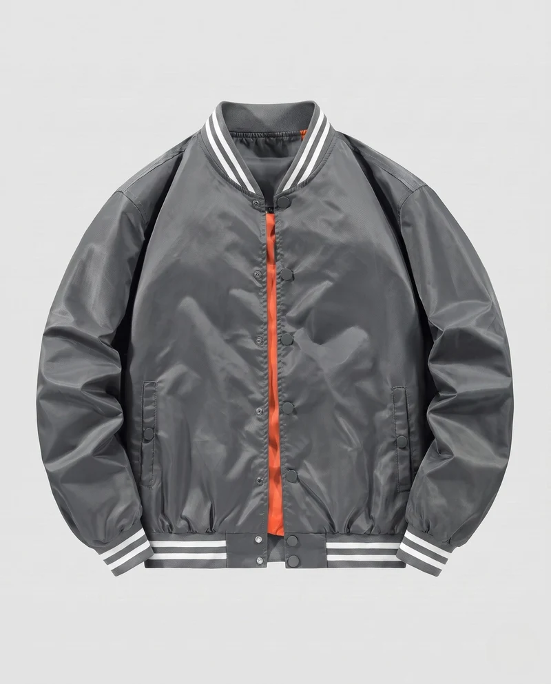 Leichte Satin-Bomberjacke für Herren mit gestreiftem Rippkragen und Druckknopfverschluss Drune