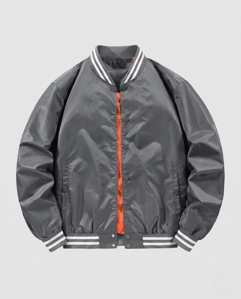 Leichte Satin-Bomberjacke für Herren mit gestreiftem Rippkragen und Druckknopfverschluss Drune