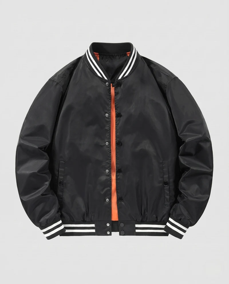 Leichte Satin-Bomberjacke für Herren mit gestreiftem Rippkragen und Druckknopfverschluss Drune