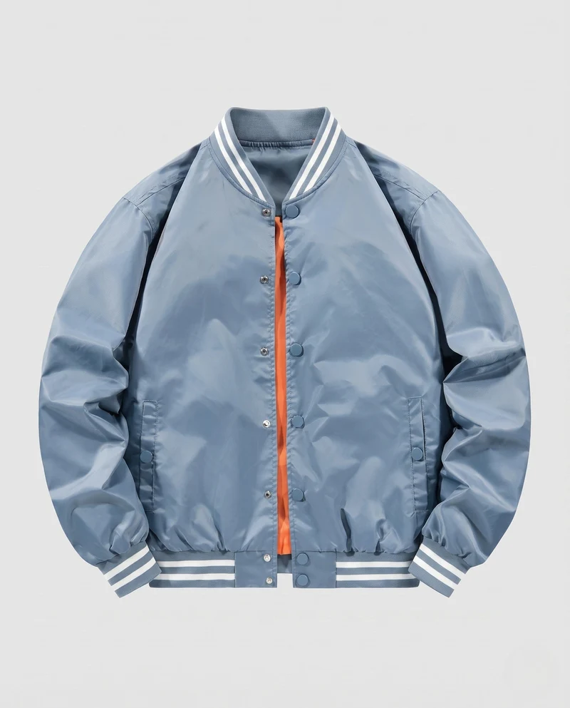 Leichte Satin-Bomberjacke für Herren mit gestreiftem Rippkragen und Druckknopfverschluss Drune