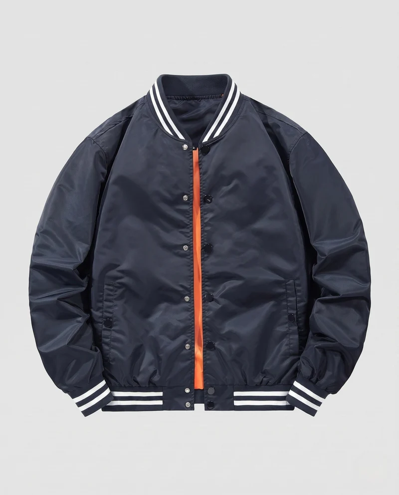 Leichte Satin-Bomberjacke für Herren mit gestreiftem Rippkragen und Druckknopfverschluss Drune