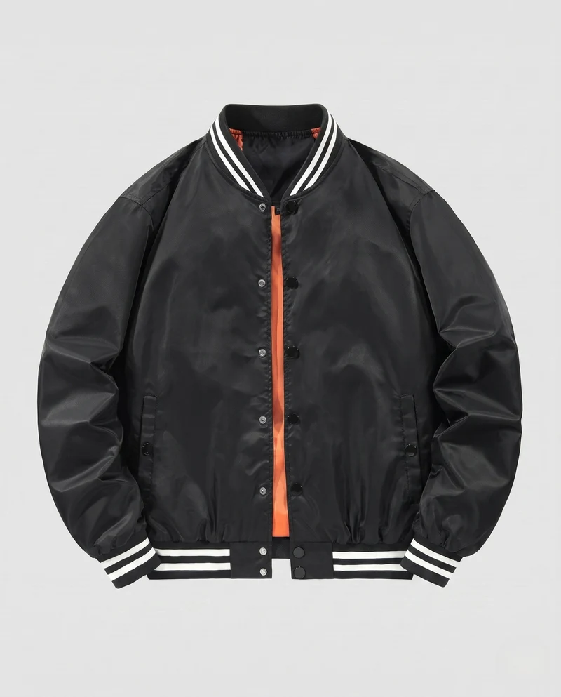 Leichte Satin-Bomberjacke für Herren mit gestreiftem Rippkragen und Druckknopfverschluss Drune