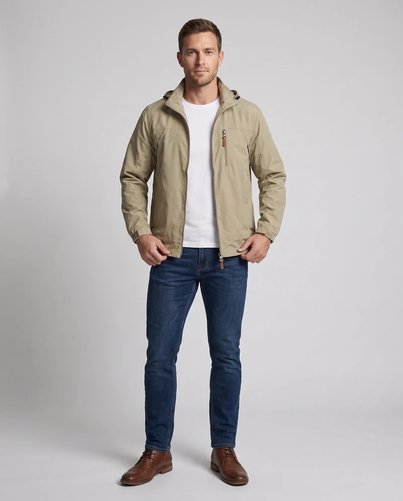 Leichte winddichte Herrenjacke mit Kapuze und Brustreißverschluss sowie verstaubarer Kapuze Drune