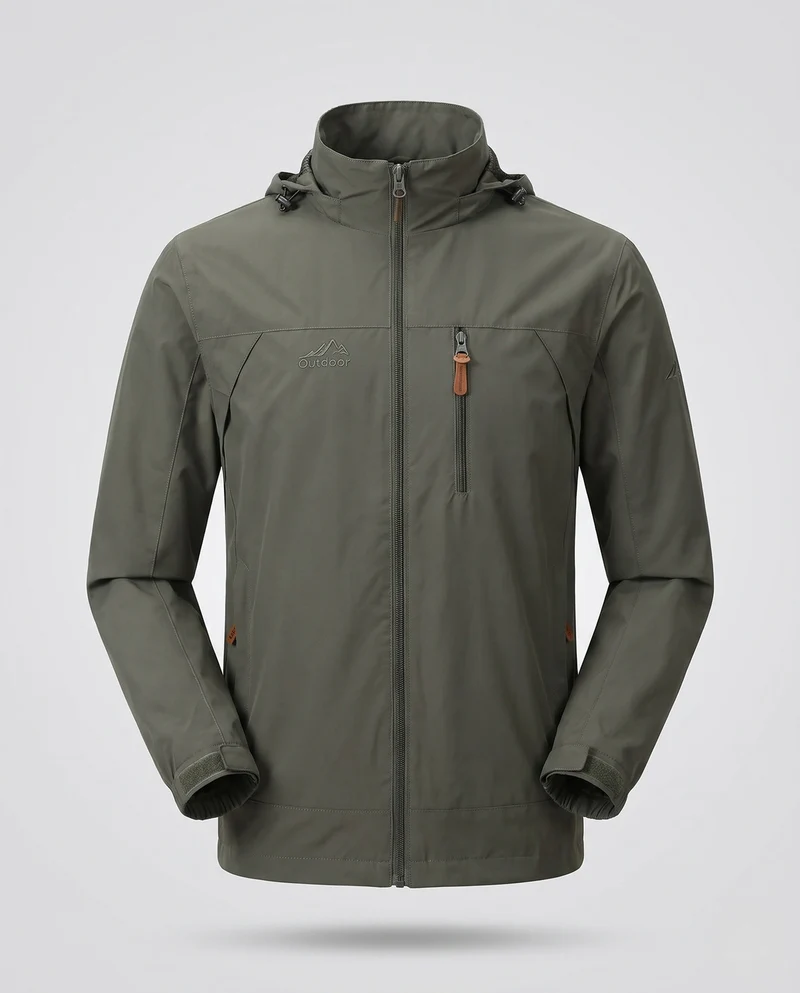 Leichte winddichte Herrenjacke mit Kapuze und Brustreißverschluss sowie verstaubarer Kapuze Drune