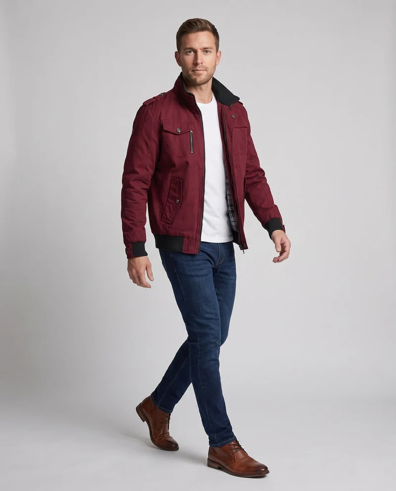 Herren Leichter Baumwoll-Canvas-Blouson mit Karofutter und gerippten Bündchen Drune