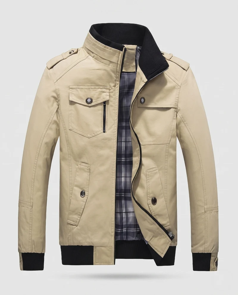 Herren Leichter Baumwoll-Canvas-Blouson mit Karofutter und gerippten Bündchen Drune