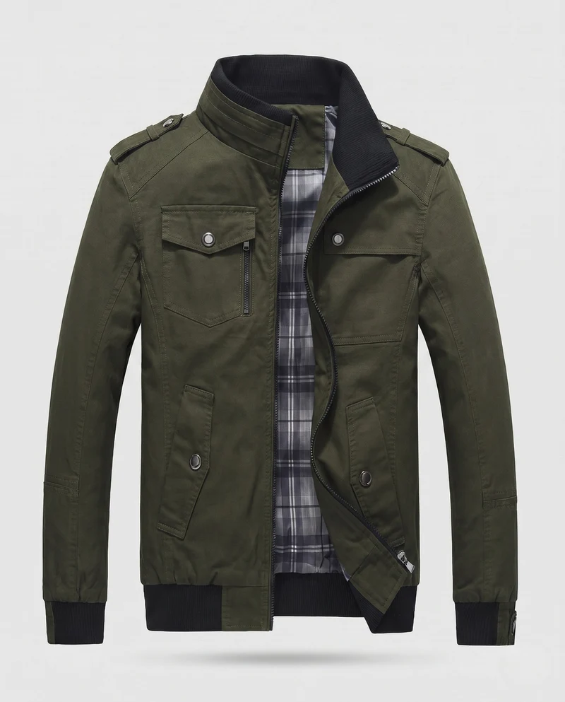 Herren Leichter Baumwoll-Canvas-Blouson mit Karofutter und gerippten Bündchen Drune