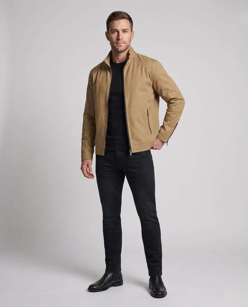 Herren leichte Baumwollmischung Utility-Jacke mit Stehkragen und Reißverschluss Drune