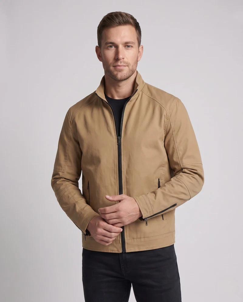 Herren leichte Baumwollmischung Utility-Jacke mit Stehkragen und Reißverschluss Drune