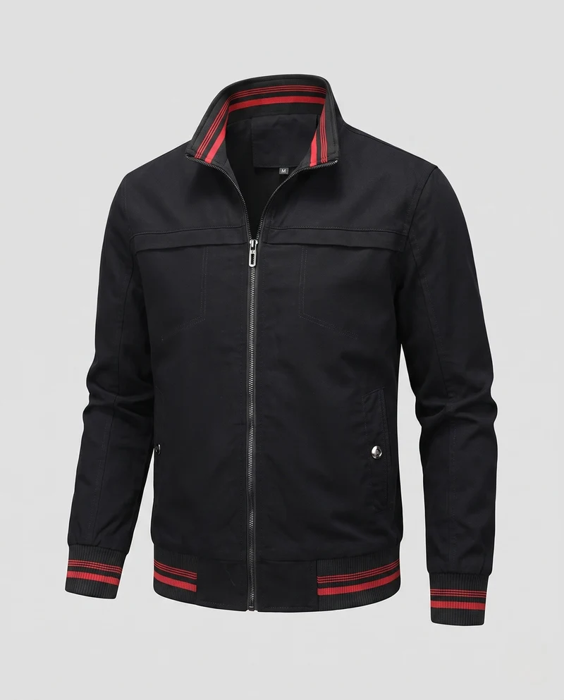 Herren Leichte Canvas Bomberjacke mit Gestreiften Rippbündchen und Stehkragen Drune