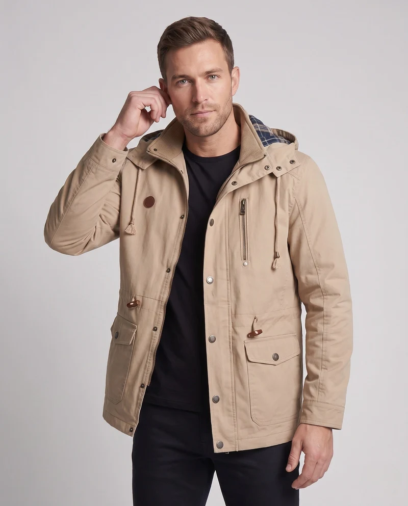 Herren leichtgewichtige Kapuzen-Canvas-Parka mit Zugband, Klappentaschen und Reißverschlusstasche auf der Brust Drune