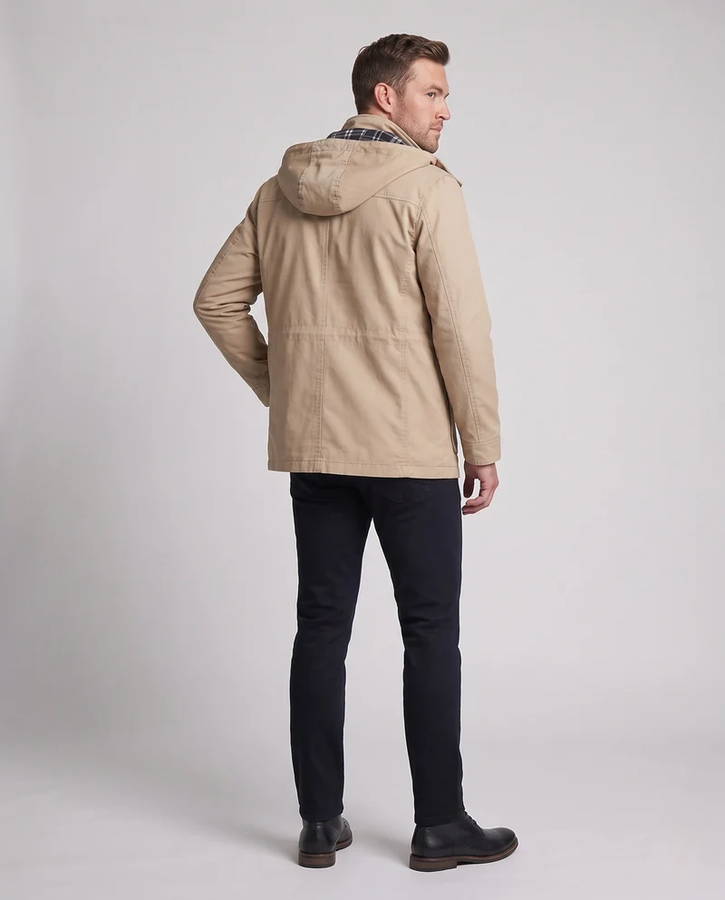 Herren leichtgewichtige Kapuzen-Canvas-Parka mit Zugband, Klappentaschen und Reißverschlusstasche auf der Brust Drune
