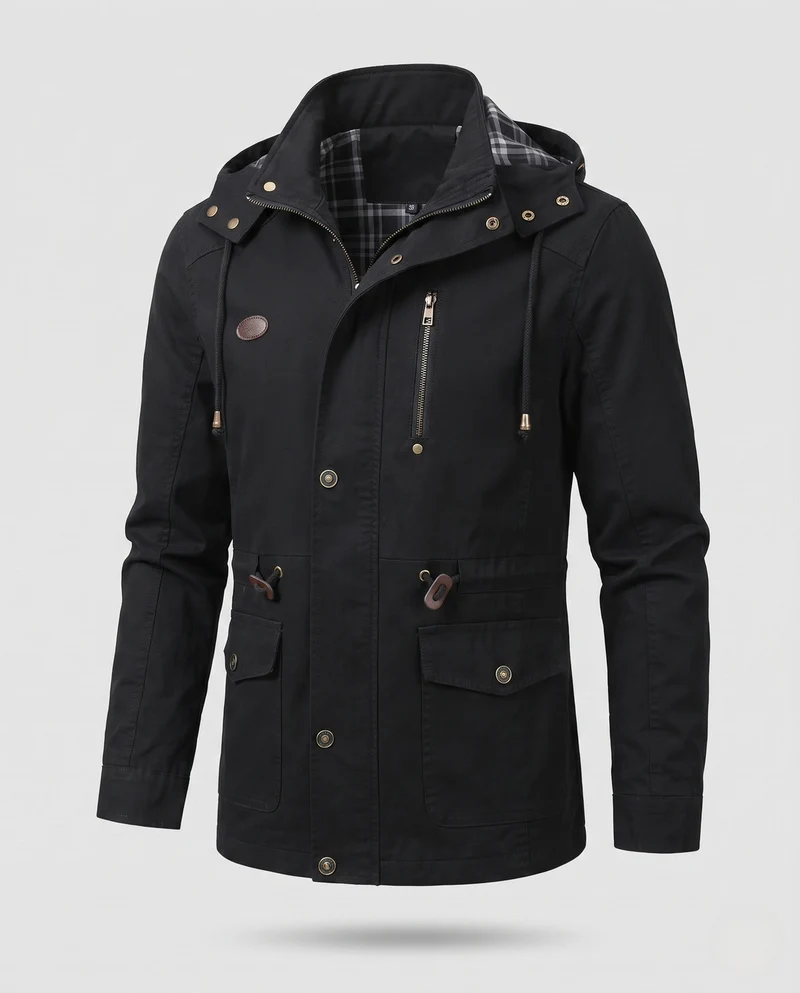 Herren leichtgewichtige Kapuzen-Canvas-Parka mit Zugband, Klappentaschen und Reißverschlusstasche auf der Brust Drune