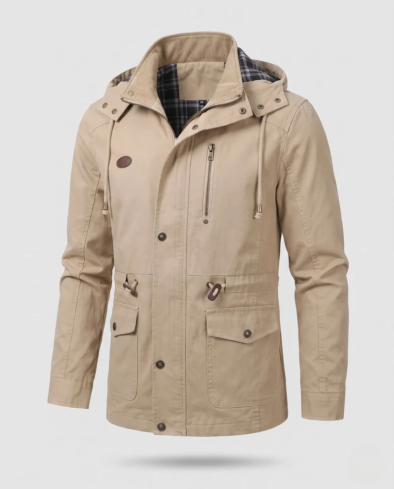 Herren leichtgewichtige Kapuzen-Canvas-Parka mit Zugband, Klappentaschen und Reißverschlusstasche auf der Brust Drune