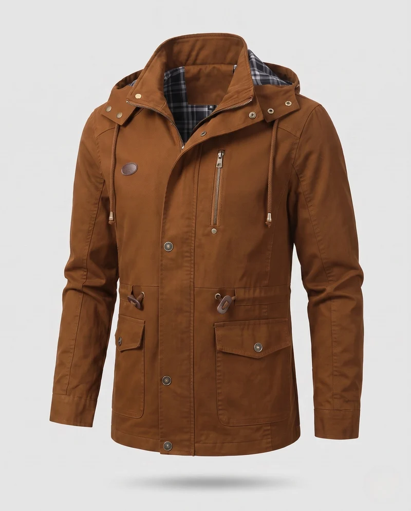 Herren leichtgewichtige Kapuzen-Canvas-Parka mit Zugband, Klappentaschen und Reißverschlusstasche auf der Brust Drune